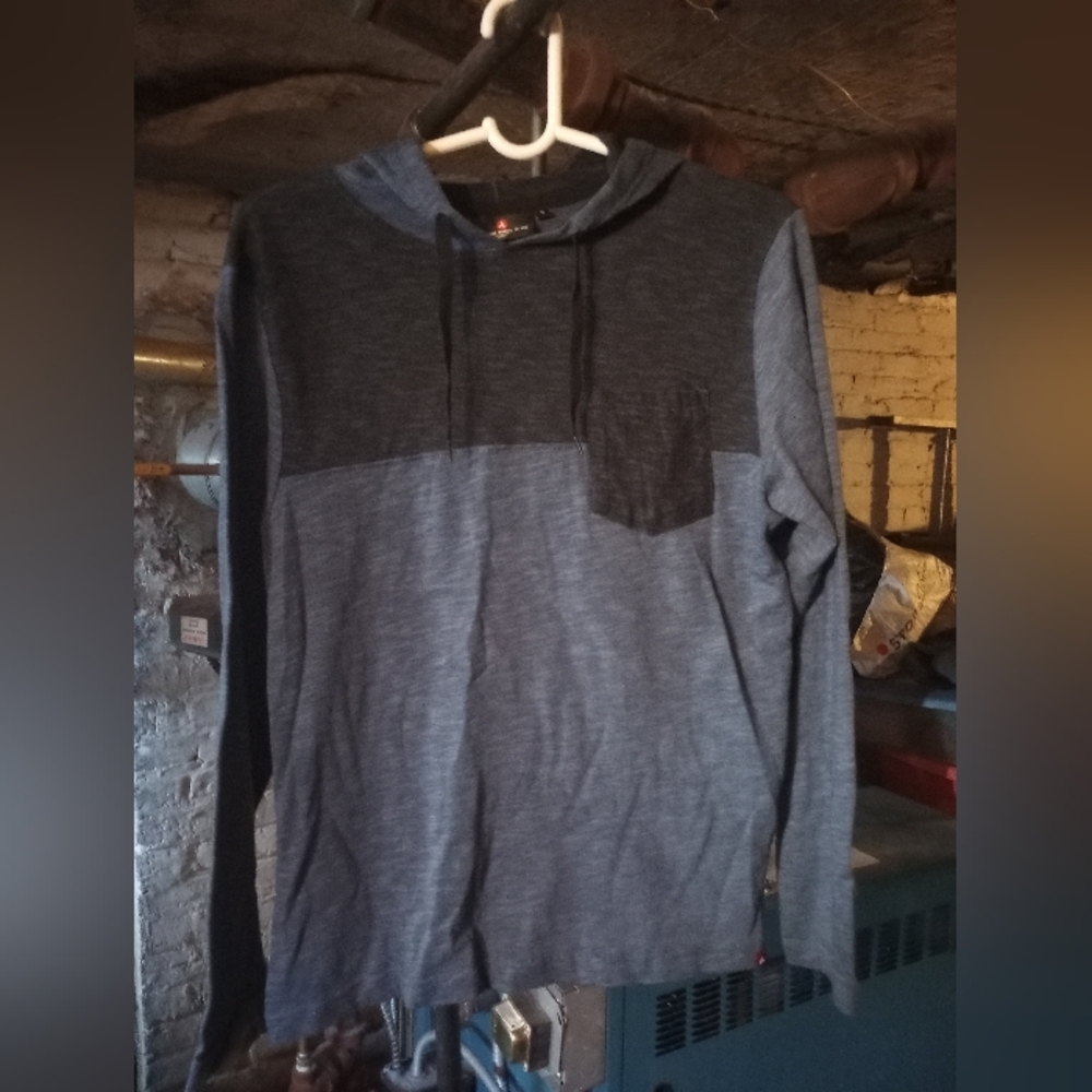 Blue and Gray Hooded Long-Sleeved Shirt